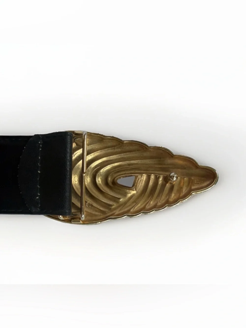 VTG R&R Black Genuine Leather Belt Gold Swirl Statement Buckle S